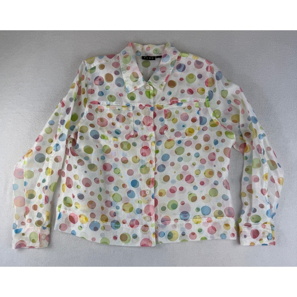 ELCC Polka‎ Dot Shirt Womens Large White Multi Color Sheer Linen Blend Button Up